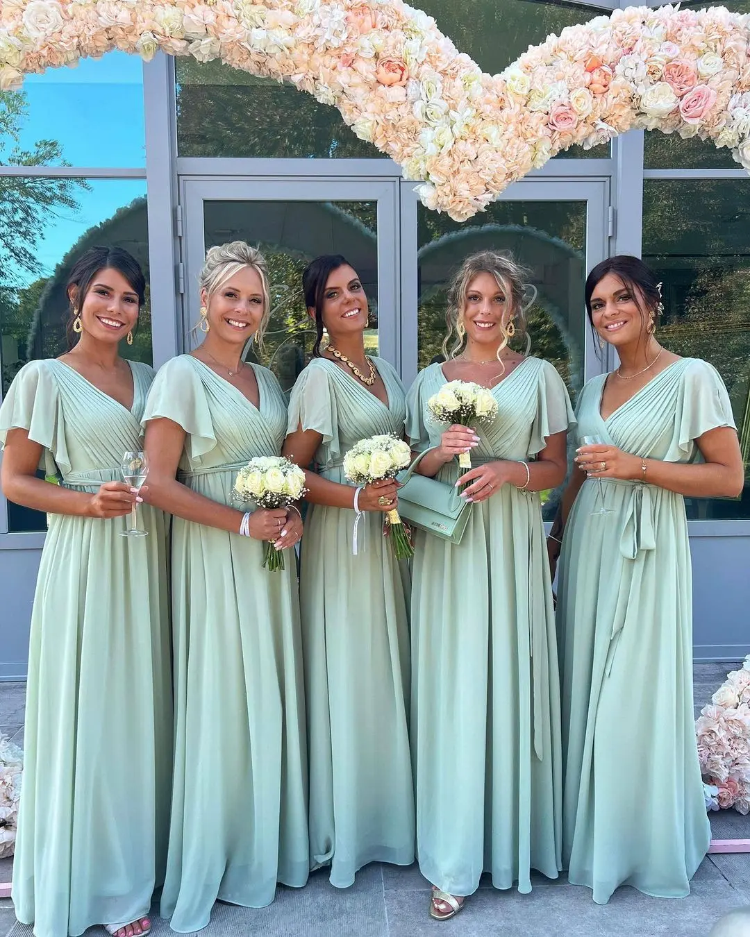 mint green coordinated gowns for sister's bridal shower