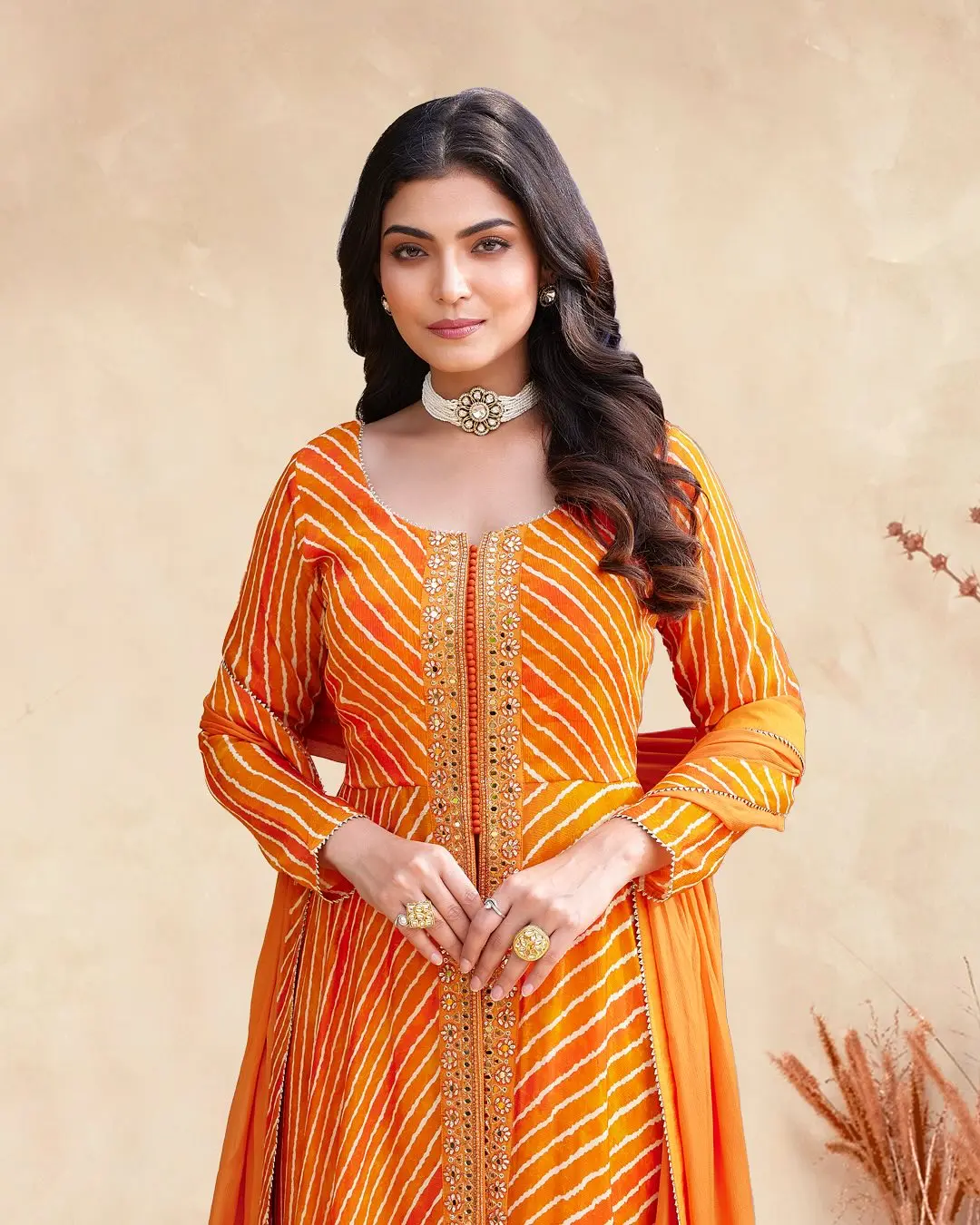 orange shiffon anarkali set for haldi function