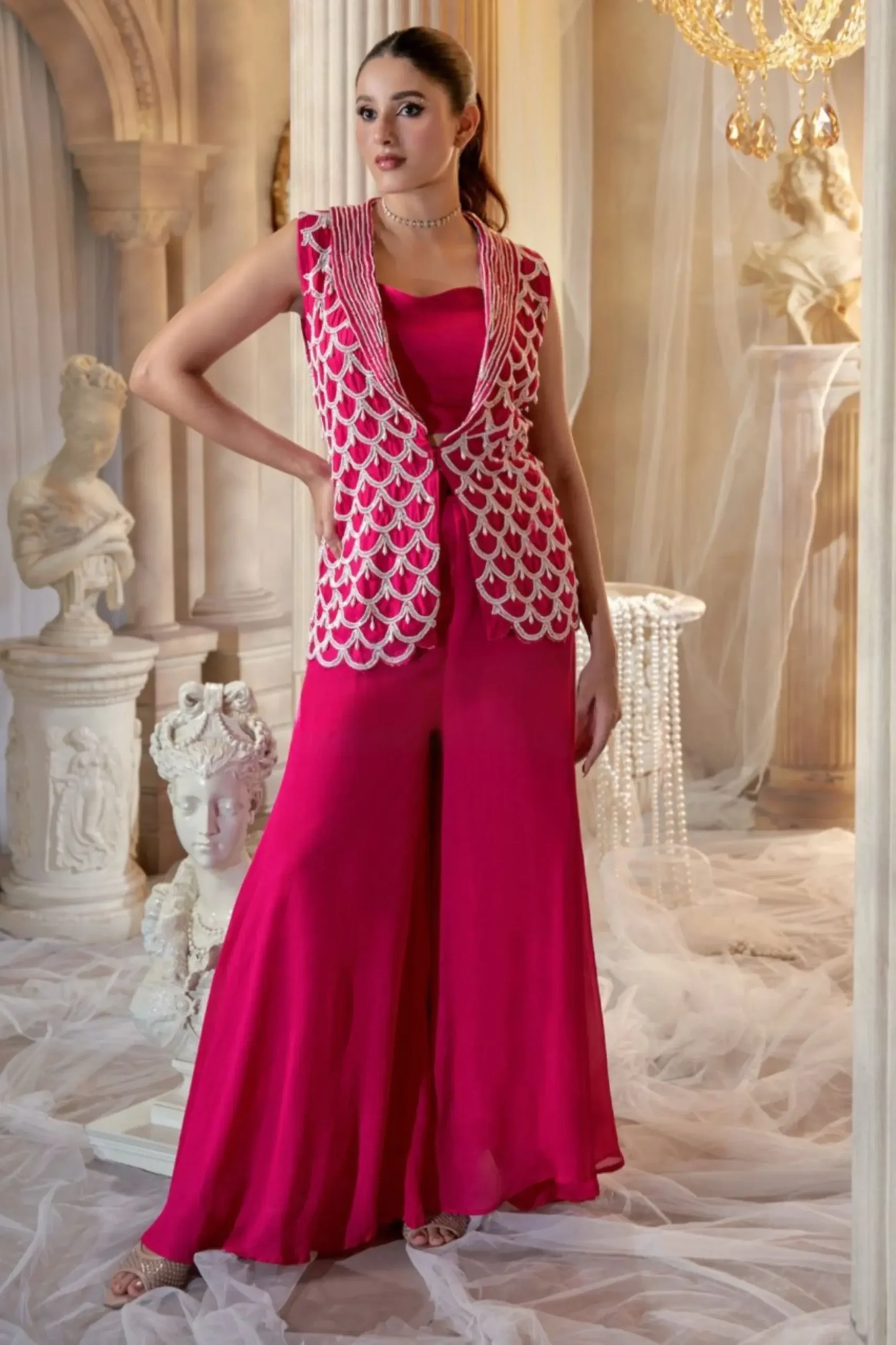 traditional deep red jacket lehenga set for bride's sister